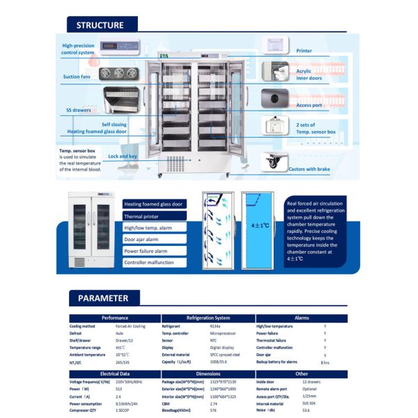 1008 литров емкости замораживатель банка крови 4 градусов медицинский с 304 ящиками нержавеющей стали