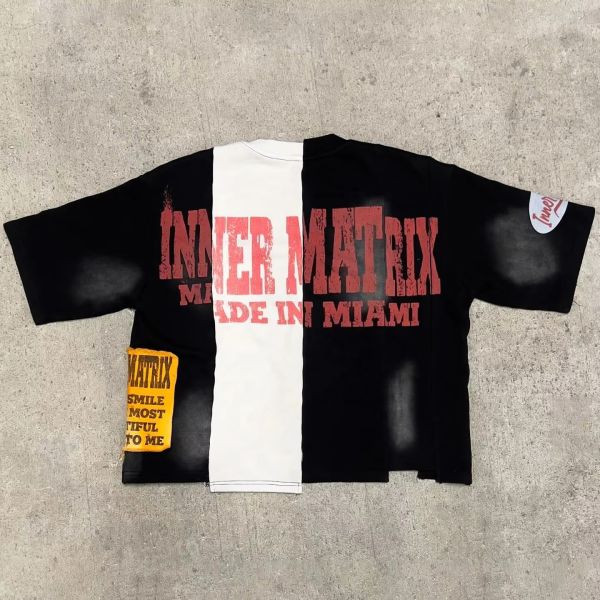 Fabricante de prendas de vestir Panel de ropa callejera Color personalizado Boxy Tee Acid Wash Sol desvanecido Vintage Hem Cut Sew Splicing Camiseta para hombres