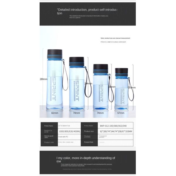 Customized Logo Lightweight Plastic Travel Water Bottle Outdoor Sports Water Bottle 500ml/650ml/750ml/1000ml/1200ml With Rope Multifunctional Multipurpose