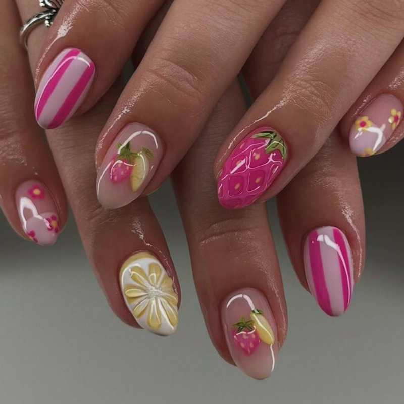Fruit Pattern Press On Nails Glossy Private Label Long Almond Nails