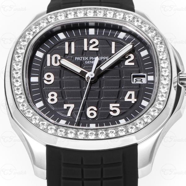 Patek Philippe Aquanaut en acier inoxydable, lunette diamants, cadran noir, bracelet en caoutchouc, montre automatique de luxe