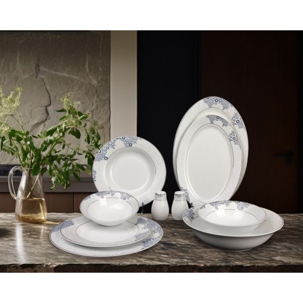35pcs superwhite porcelain dinning set  with blue embossed flower and gold patterm