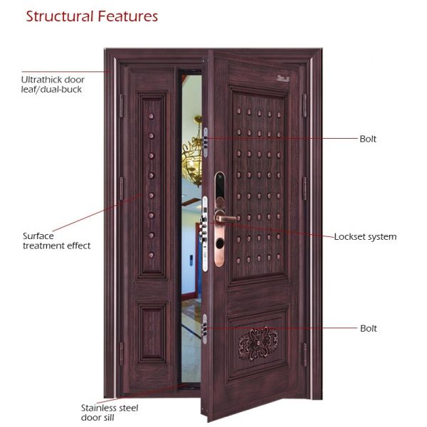 2022 New Design Latest Modern Style Grey Wooden Texture High Grade Burglar Proof Strong Security Steel Front Entry Door