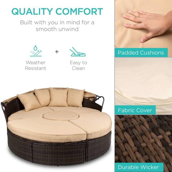 Modern Hotel Outdoor Furniture Patio Rattan Round Flip Top Daybed With Canopy Cushion For Backyard Porch