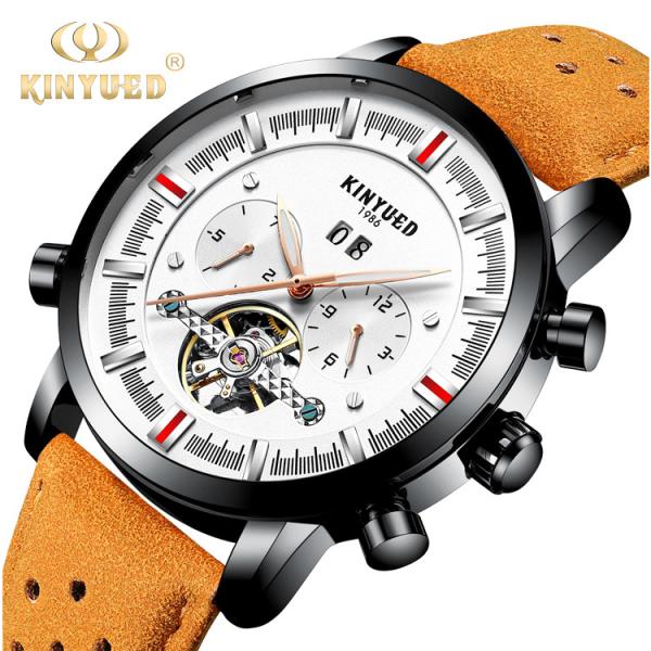 KINYUED J019-3  Private Label Gold Case Genuine Leather Auto Date Skeleton Tourbillon Automatic Mechanical Wristwatches