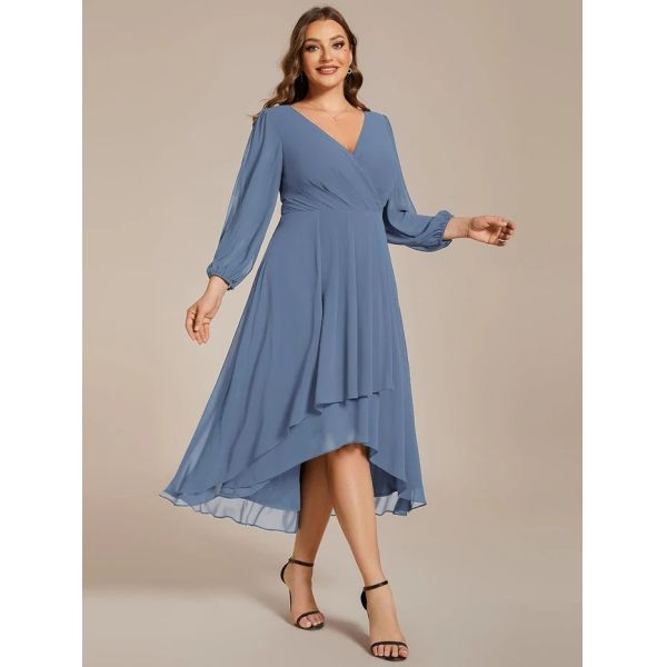 Plus Size Ruffled A-line Long Sleeve V-neck High Low Wedding Guest Navy Blue Chiffon Bridesmaid Dress