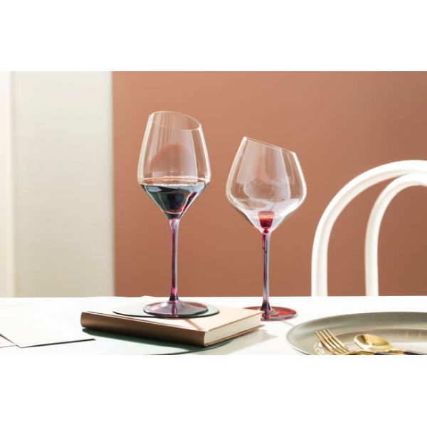 Electroplated Slanted Red Tinted Wine Glasses 19 Ounces Lead Free 550ml Hand Blown