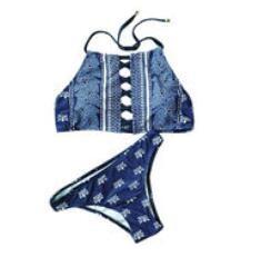 Blue National Print Swimwear Bikini Women 2018 Beach Bathing Halter Neck Sling Bandage