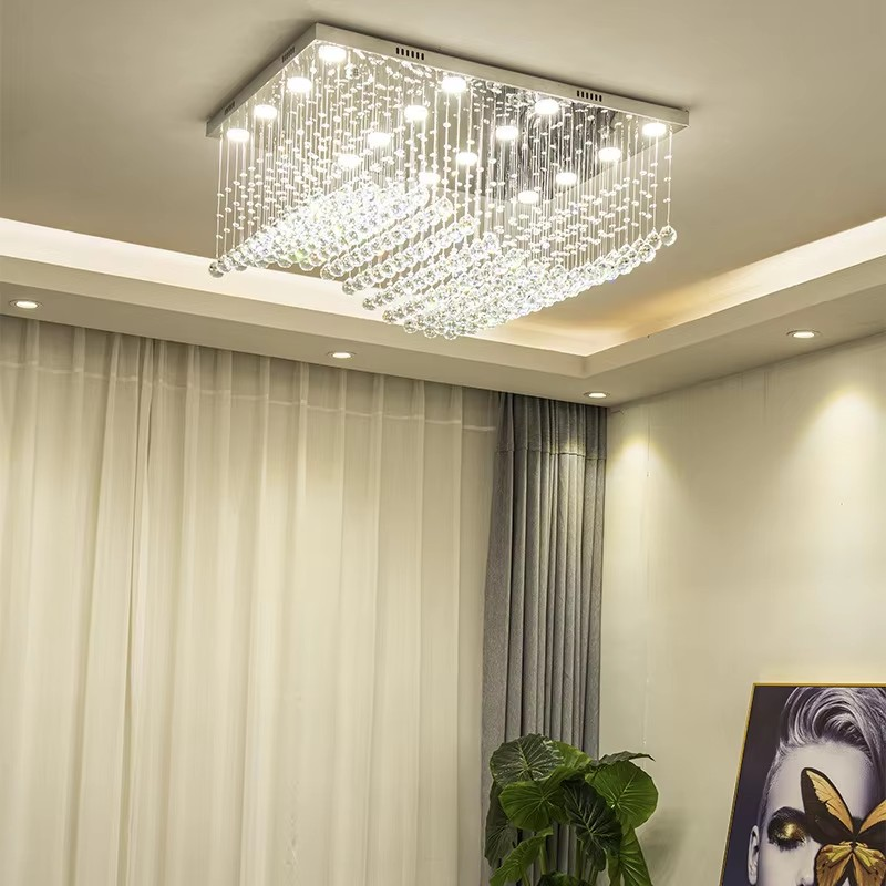 Customized Modern Living Room LED Wave Rectangular String Crystal Lamp Hotel Engineering Crystal Hanging Chandeliers