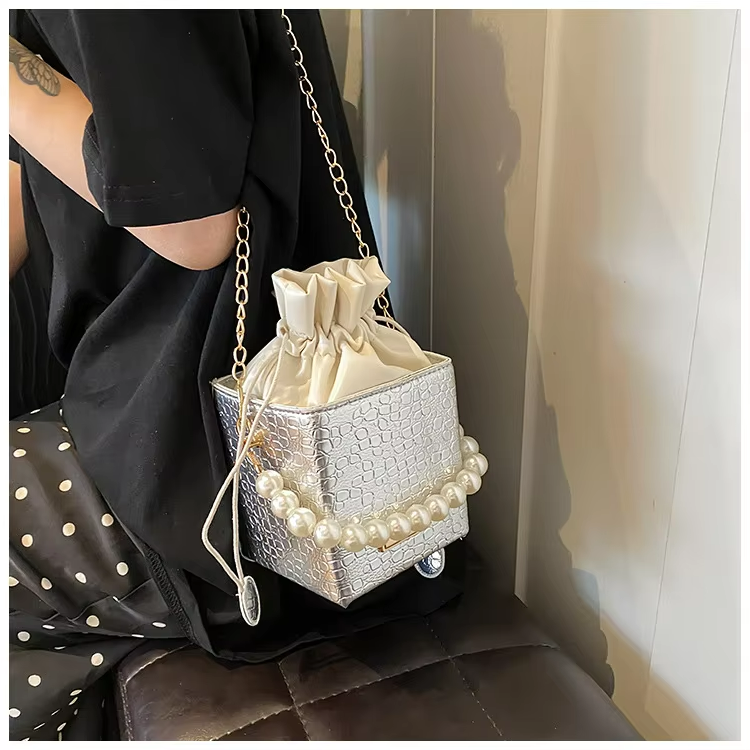 Summer Fashion Candy Color Bucket Bag With Pearl Chain Shoulder Sling Bag for Women