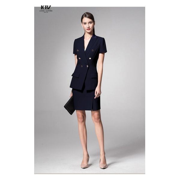 Тёмный военно-морской стиль стройный блейзер для дам офис короткий рукав женские костюмы воротник V-шесть