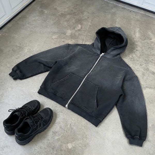 Custom Oversized Fit Heavyweight Acid Wash air Layer Zip up Sudaderas Hombre Blank High Quality Casual Basics Boxy Hoodies Men