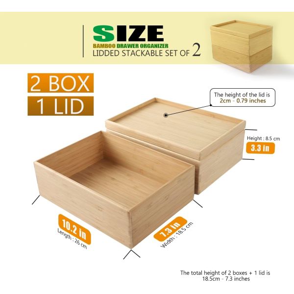 Gift Package Set Of 2 10.2X7.3Inch Stackable Bamboo Drawer Organizer Laminated Storage Box Tray