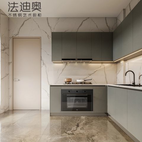 Gray L-Shaped Stainless Steel Kitchen Cabinet with Tall Appliance Storage