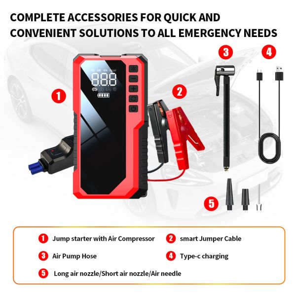 Multi Function Portable Battery Jump Starter 6400mAh 8000mAh 12V Emergency Jump Starter With Air Compressor