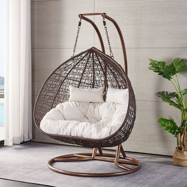 Metal Frame Patio Rattan Swing Chair Double Hanging Design for Outdoor Comfort and Style