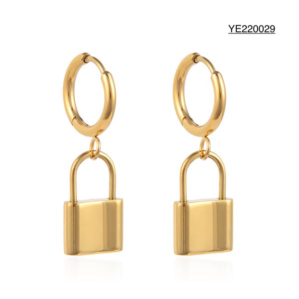 CE Female Stainless Steel Gold Earrings Vintage Lock Metal Pendant Earrings