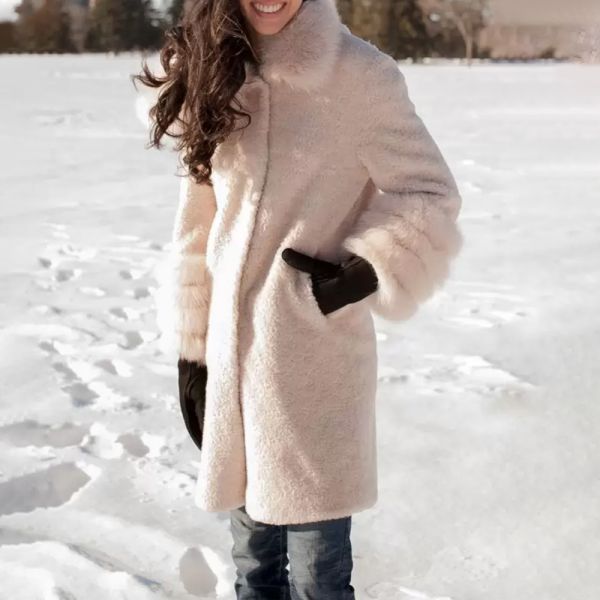 Cream Blush Sheepskin Faux Fur Fluffy Coat with Faux Fox Fur Trim