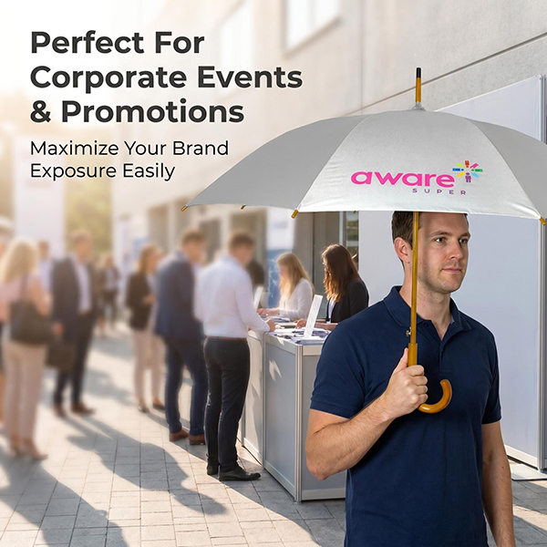 Custom Branded 46 Automatic Wooden Handle Event Umbrella (UV40+ Protection)