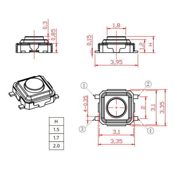 Белая высота переключателя 3x3 1.5-2.0mm штырей SMD кнопки 4 тактильная