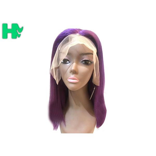 Natural Straight Wave Short Human Hair Lace Front Wigs 12 Inch Purple Color