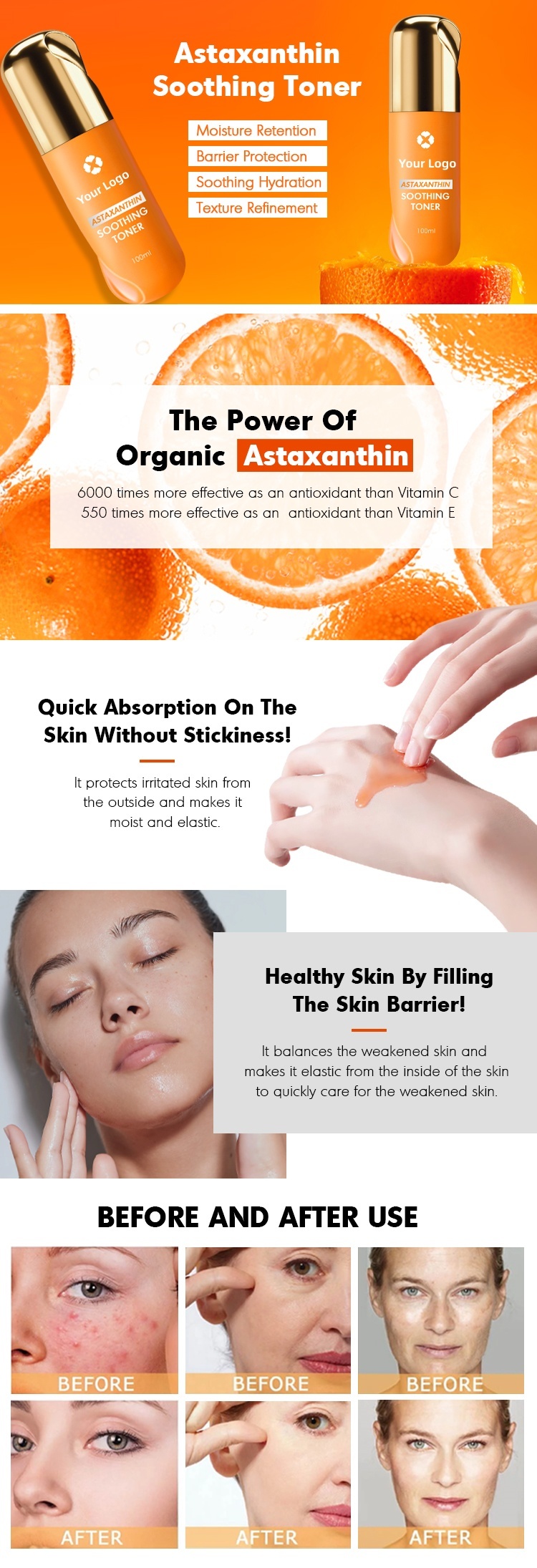 OEM ODM Brand Customized Facial Toner Astaxanthin Vitamin C Niacinamide Whitening Brightening Moisturizing Facial Toner Facial Skincare