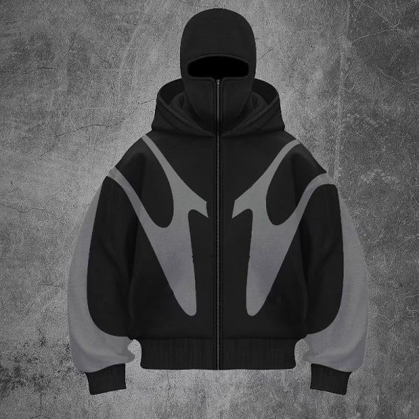 Heavy Cotton Mens Patchwork Hoodie Double Layered Masked Full Balaclava Zip Hoodies