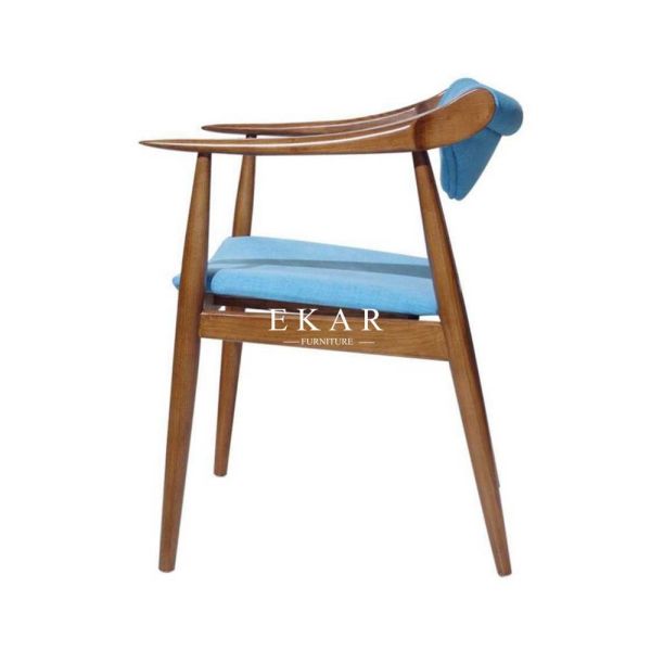 Fabric Solid Wood Blue Wooden Dining Chair With Armrest
