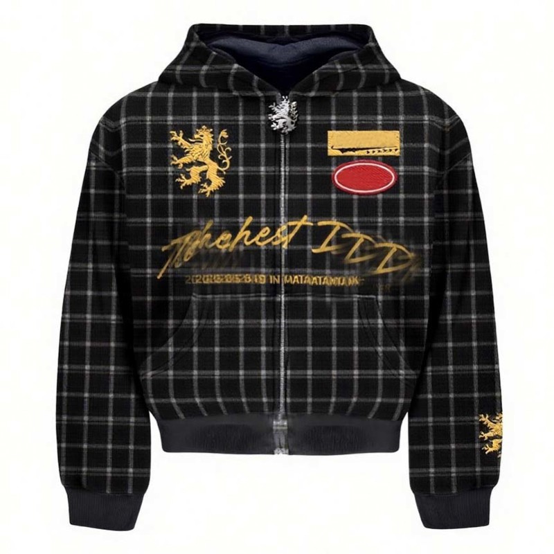 Men’s Vintage Blue Plaid Zip-Up Hoodie | Gold Lion Crest Embroidery & Patches | Oversized Streetwear Style