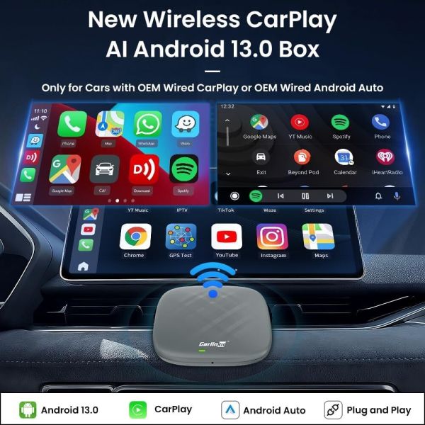 Adaptador cableado a inalámbrico Carplay To Multi Media Tbox S Modelo 4G + 64G Carplay Ai Box Android 13 Sistema Car Play TV Box 1080p