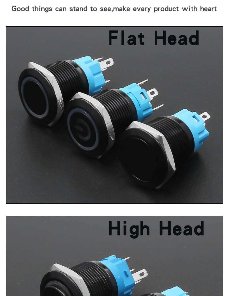 19mm Metal Push Button Switch 1NO1NC Oxidized Black Shell Waterproof Momentary Latching Button Switch High/Flat Head Ring-LED