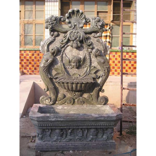 Pink Marble Fish Statue Columns Carved Stone Wall Fountain