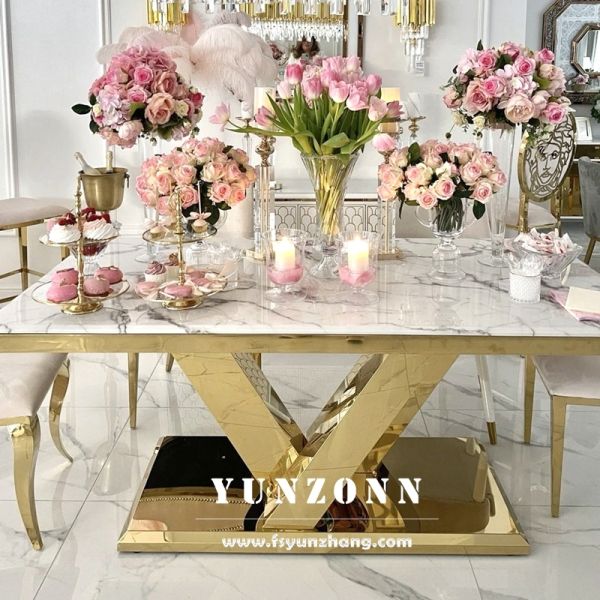 Luxury Gold Dining Table with White Marble Top OEM Furniture for Hotel Restaurant for Banquets Living Room Use Metal Material
