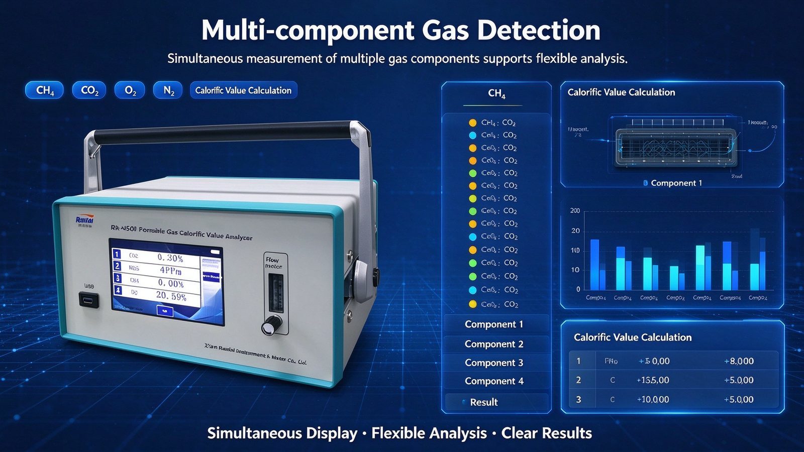 Portable Calorific Value Analyzer High Accuracy Multi Gas Detector For CO H2 CH4 CO2 O2