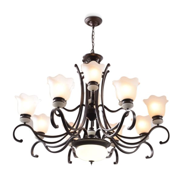 Mexican wrought iron chandelier with Glass Lampshade for home Lighting Fixtures (WH-CI-106）