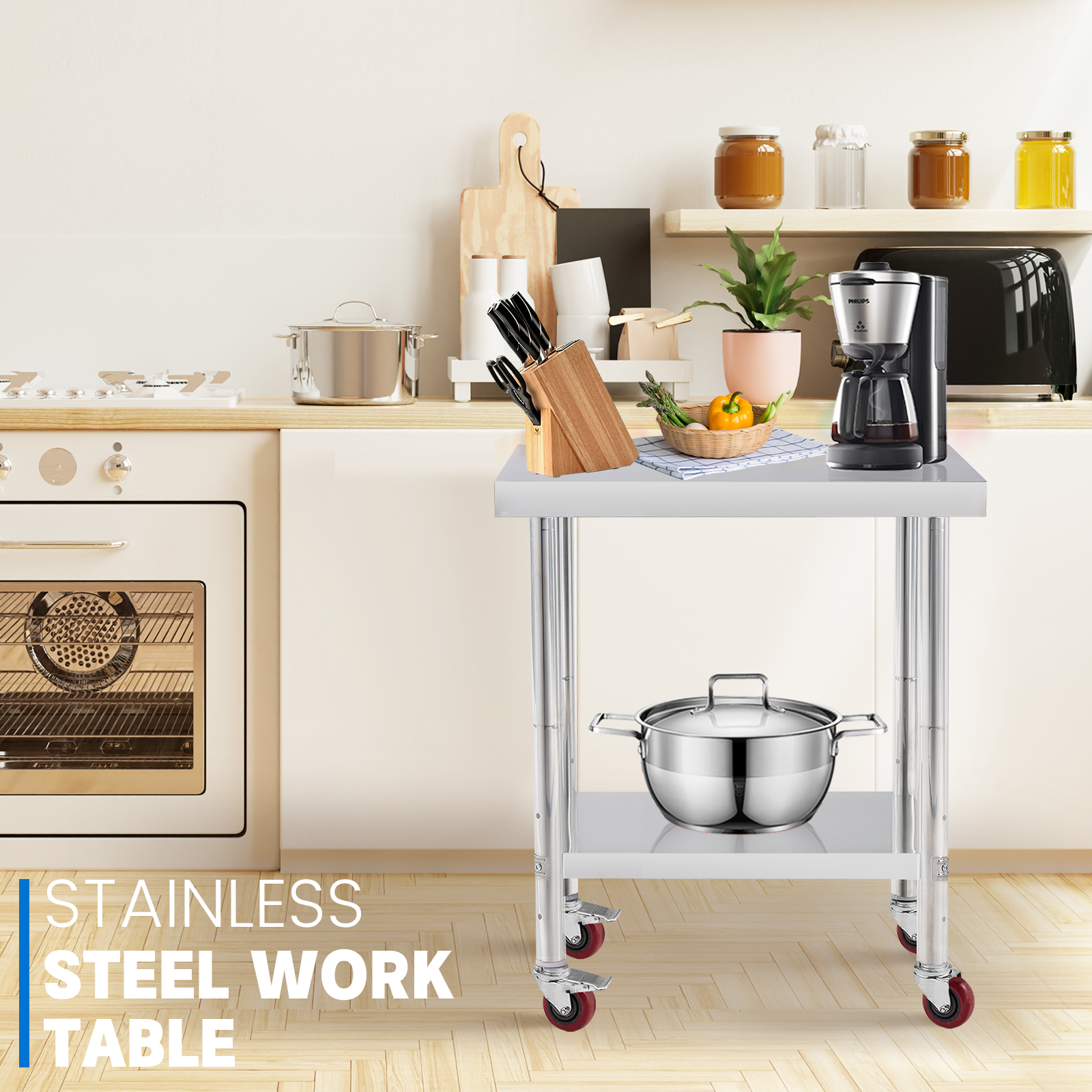 Double-layer Stainless Steel Work Table with Durable Construction and Customized Size for Commercial Kitchen