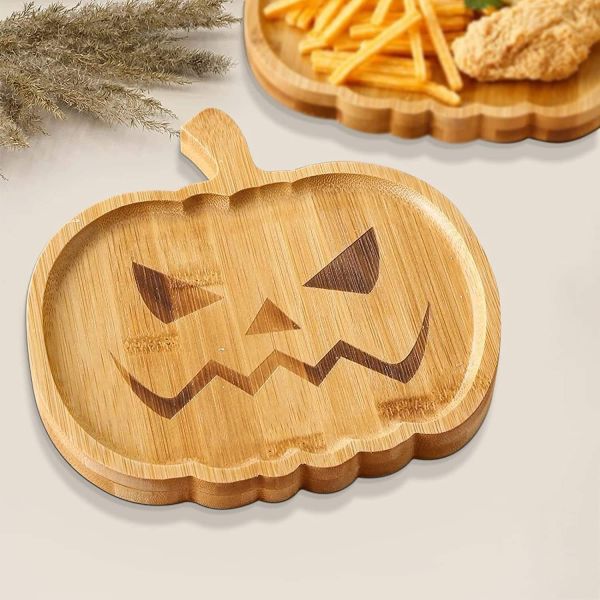 Halloween Pumpkin Bamboo Serving Platter Wooden Appetizers Board Sustainable