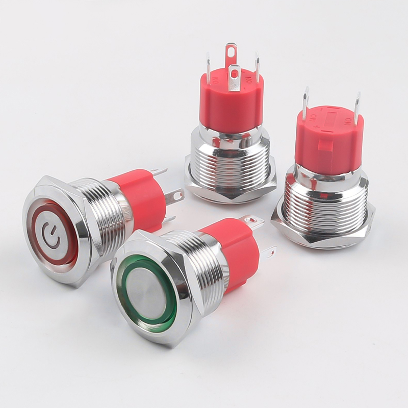 19mm Metal Push Button Switch 10A High Current Latching Momentary LED 1NO 4Pins Flat Head High Head Switch IP65 Max Voltage 220V
