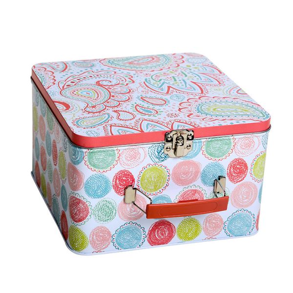 Factory Price Rectangle Shaped Suitcase Tin Box with Handle Custom Metal Lunch Box with Lock Tin Box