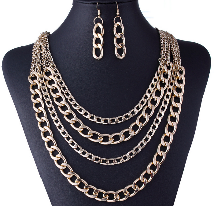 Personality wild long section of multi-chain necklace with earrings punk tassel necklace