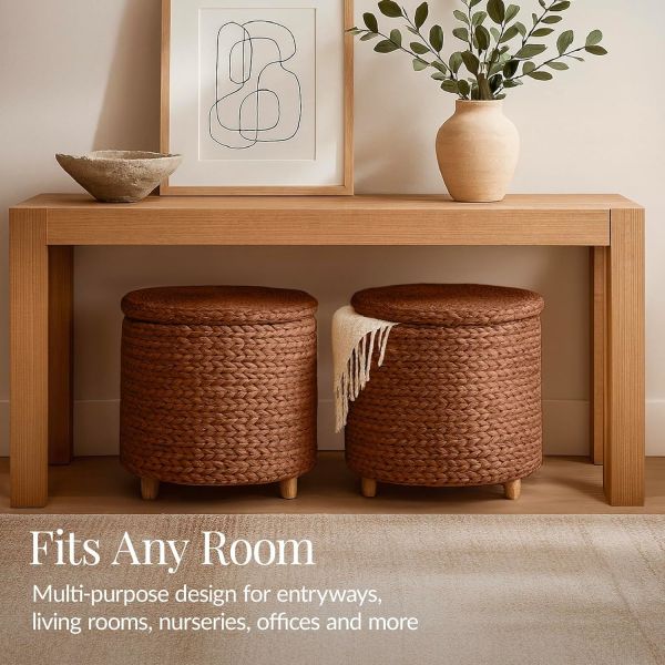 Tall Water Hyacinth Wicker Basket with Handles | Natural, Brown, Natural Bathroom Trash Can Boho Style - Wicker Trash Can With Lid For Household, Kitchen - Removable Liner, Iron Frame