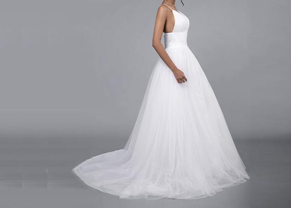 Tulle Simple A Line Wedding Dresses Straps Deep V Neck Backless Pleating Zipper
