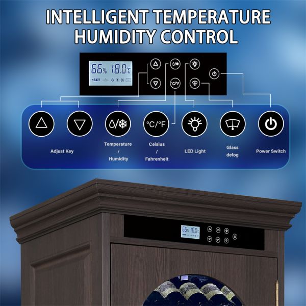 Dark Brown Solid Wood Freestanding Wine Cooler Cabinet with Arched Glass Door and Digital Control Panel