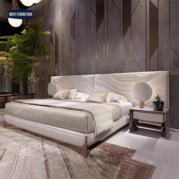 Customized Size Leather Upholstered Frame Bed Headboard Modern Double Back Design Luxury Style King Size Bed Furniture Set