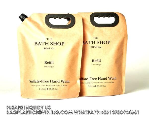 Eco-Friendly Kraft Paper Spout Pouch Shampoo Refill Bag Liquid Packaging Pouches Stand Up, Flat Bottom, Side Gusset