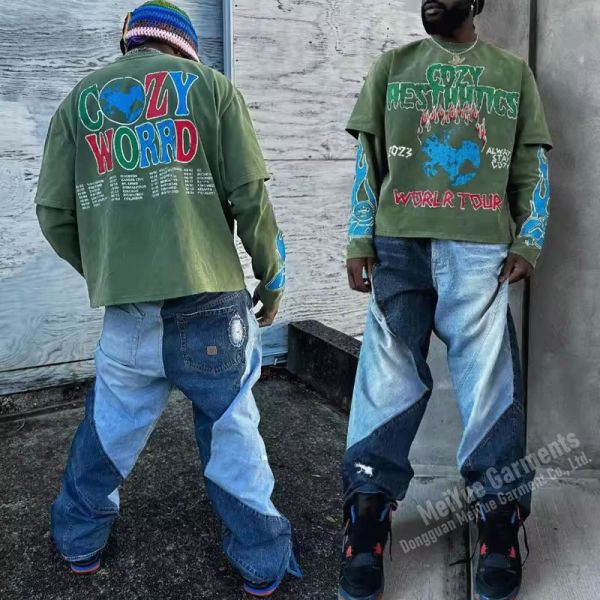 Impresión personalizada Logotipo gráfico T-shirt de pantalla superior Impreso de algodón pesado de doble capa ropa de calle de época camisetas de manga larga para hombres