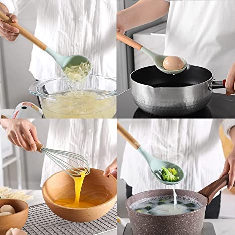 18-Piece Green Silicone Cookware Set with Storage Bucket Non-stick Spatula Included