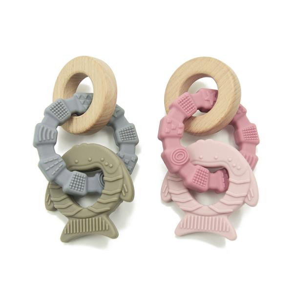Non Toxic Food Grade OEM Unisex Silicone Wood Teether EU Style Fish Shape