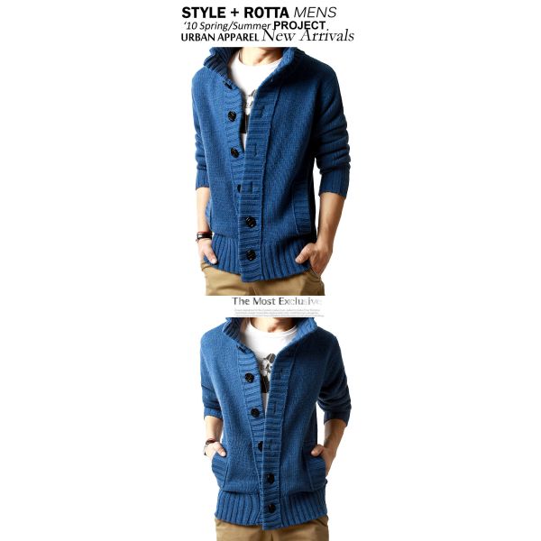 Autumn Winter Men's Stand Collar Sweater with Thick Needle and Single Breasted Buckle