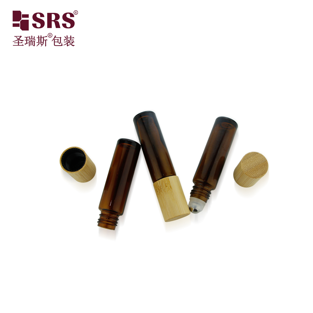 BLPM 10ML Real Bamboo Cap Brown Glass Roll On Essential Oil Bottles